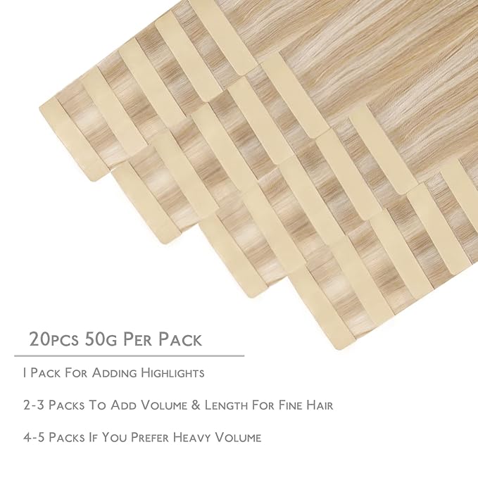 WENNALIFE Tape in Hair Extensions Human Hair, 20pcs 50g 16 inch Dirty Blonde Highlighted Bleach Blonde Remy Hair Extensions Straight Human Hair Tape in Extensions Skin Weft Extensions Hair