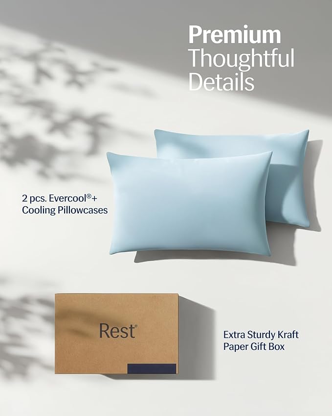 REST® Evercool®+ Cooling Pillowcases King - 2 Pillowcases for Sensitive Skin, Silver Infused Fabric for Hygienic Sleep, Silky Smooth for Curly Hair, High Elastic for Snug Fit (19x35 inches)