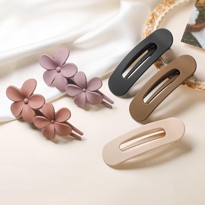 5 PCS Flat Hair Clips, Medium Lay Flat Claw Clips for Women Girls, 2 Styles Stylish Matte Non-slip Hair Claws for Thick Thin Hair(Pink&Purple)
