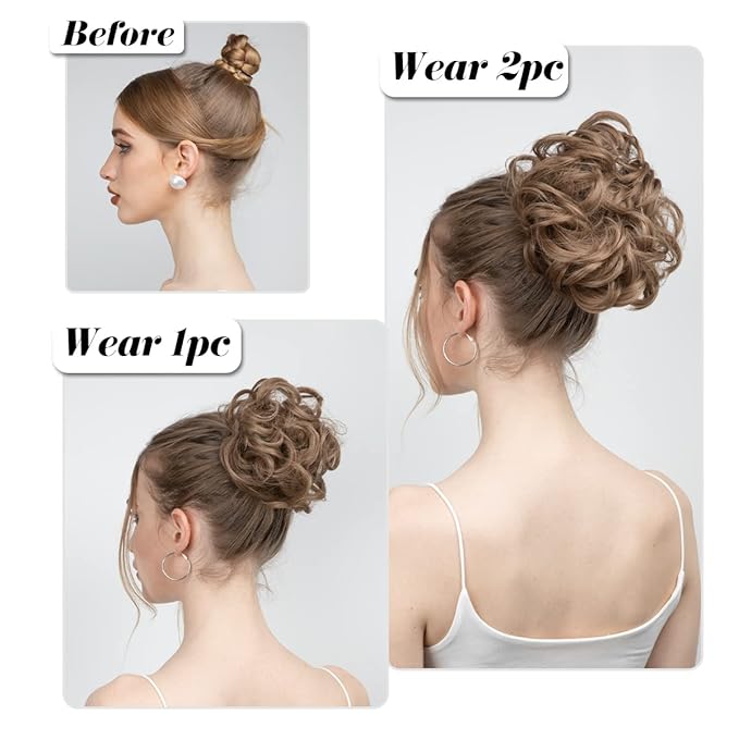 SARLA 2PCS Messy Hair Bun Hair Pieces Wavy Curly Synthetic Updo Fake Scrunchies Ponytail Extension for Women Cream Blonde