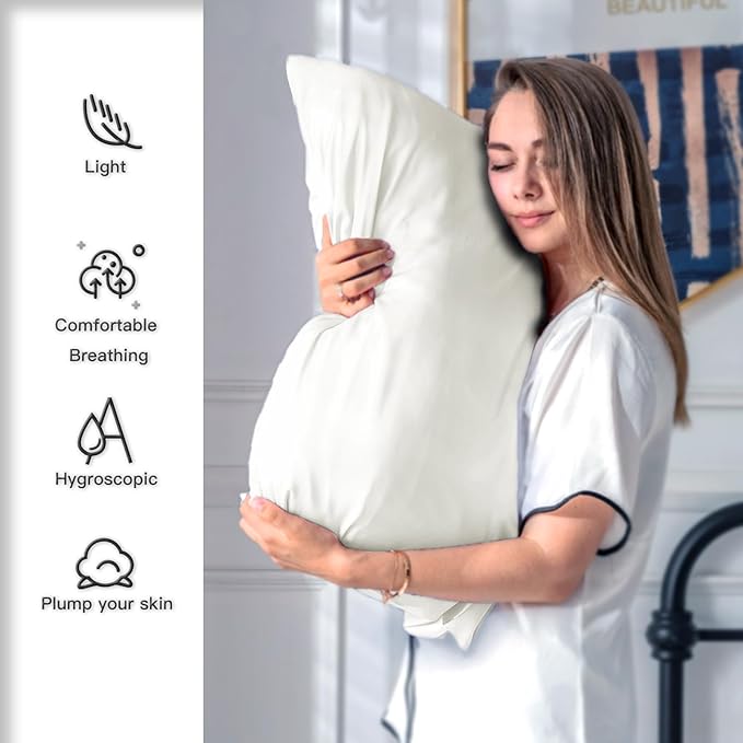 Silk Pillow Cases 2 Pack Soft Breathable and Sliky Standard Size Pillow Cases Set of 2,Natural Mulberry Satin Silk Pillowcase with Hidden Zipper for Hair and Skin (Ivory,20"X 26",2pcs)