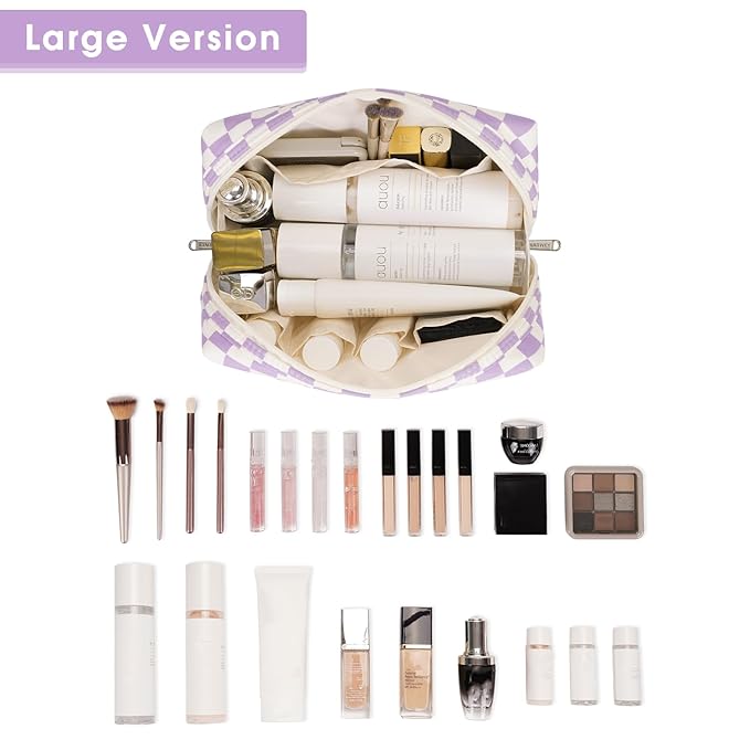 Narwey Checkered Makeup Bag Travel Cosmetic Bag Organizer Toiletry Bag Make Up Bags with Compartments for Women Girls (Large, Purple Checkerboard)