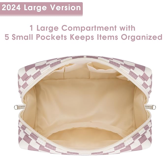 Narwey Checkered Makeup Bag Pink Travel Cosmetic Bag Organizer Toiletry Bag Make Up Bags with Compartments for Women Girls (Large, Dusty Rose Checkerboard)