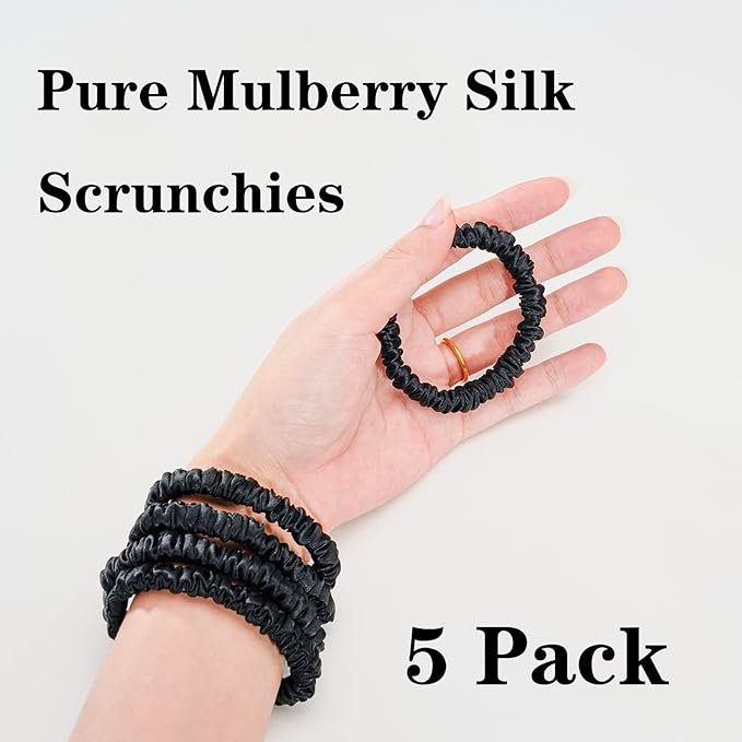 Silmer Silk Scrunchies for Hair Bicolor Hair Tie 100% Mulberry 22 Momme 5 Pack(Black)