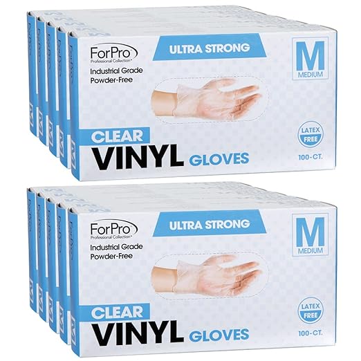 ForPro Disposable Vinyl Gloves, Clear, Industrial Grade, Powder-Free, Latex-Free, Non-Sterile, Food Safe, 2.75 Mil. Palm, 3.9 Mil. Fingers, Medium, 100-Count (Pack of 10)