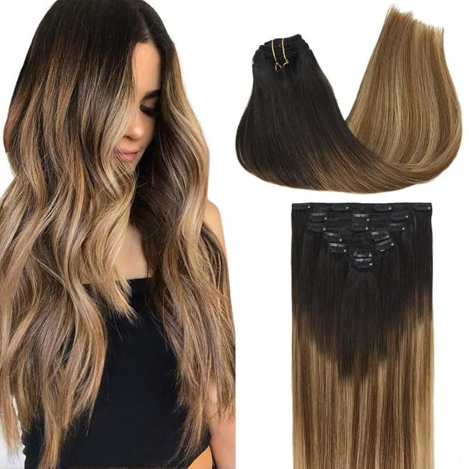 GOO GOO Clip in Hair Extensions Real Human Hair, Remy Human Hair Extensions Clip ins for Women, Natural Human Hair, 12inch 85g 7Pcs, 2/6/18 Balayage Brown to Dirty Blonde