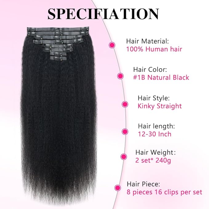 Invisi Edge Clip In Hair Extensions Human Hair 2 Pack 240g 16pcs Kinky Straight Invisible Clip Ins For Women Full Head Injected Clip Ins Remy Human Hair Extensions Natural Color 14inch