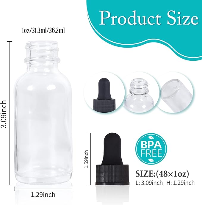 1 oz Dropper Bottle 48 Pack Clear Glass Boston Bottles 30ml with Eye Droppers Black Caps for Essential Oils, Perfume, Leak Proof Travel Bottles for Liquids