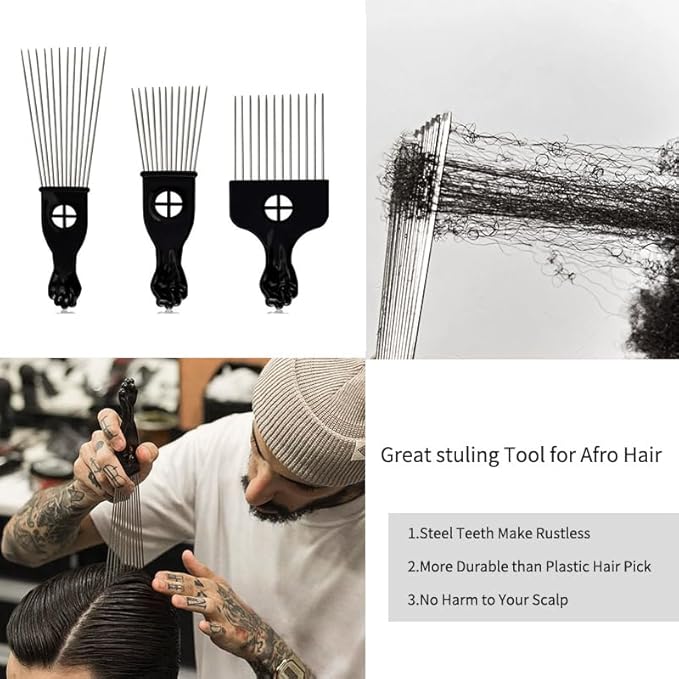 Black Metal Afro Pick Combs for Curly Hair - Detangle & Style Comb for Women and Men, Durable Plastic & Metal, Fist Design for Hair Styling, Perfect for Wigs (3 Pack Hair Comb, Count, 3)