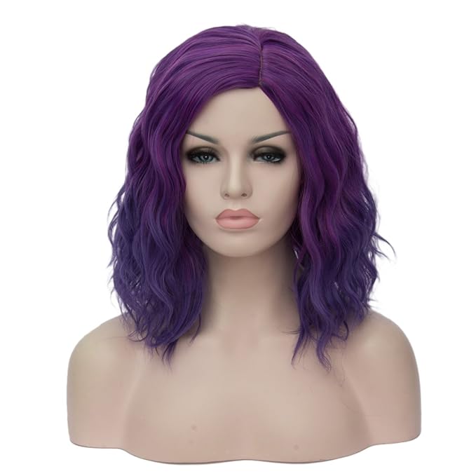 BUFASHION 14" Women Short Dark Purple Kinky Straight Cosplay Synthetic Wigs With Air Bangs 46 Colors Available (Ombre Dark Purple)