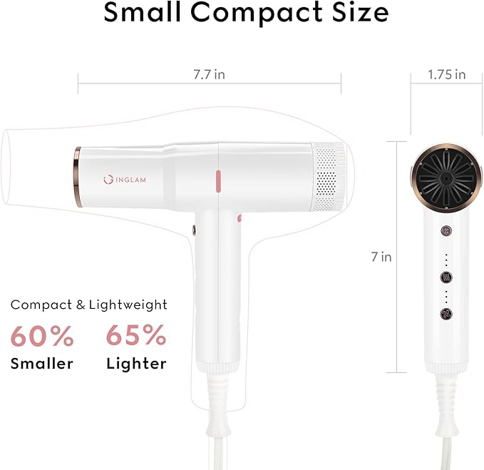 Hair Dryer, IG INGLAM Professional 110,000 RPM High Speed Blow Dryer, Negative Ion Low Noise 3 Heat Settings & 3 Speed & Cold Settings, Lightweight for Travel Home Salon Ionic Hair Dryer