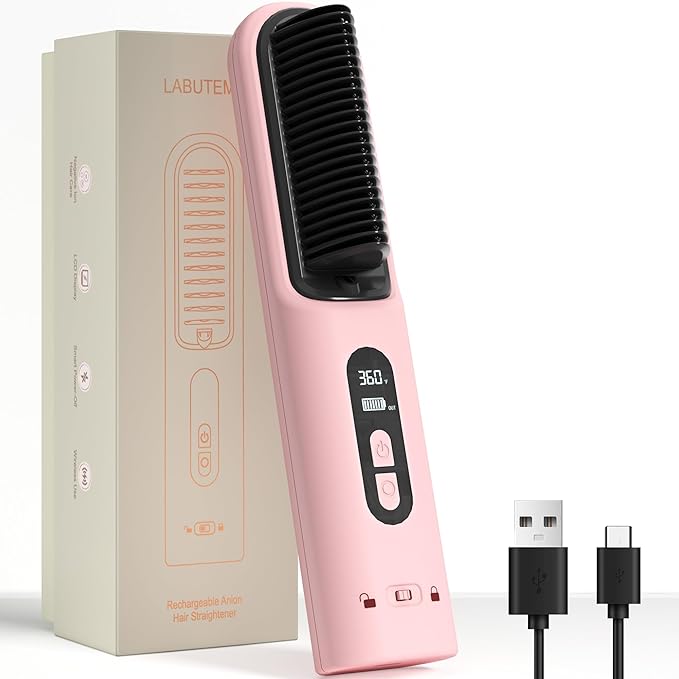 Hair Brush Straightener Cordless, Straightening Comb for Women with 300 Million Negative Ions, 6 Temps 30s Fast Heating, 10000mAh Rechargeable Battery, Portable Travel Frizz-Free, On-The-Go Styling