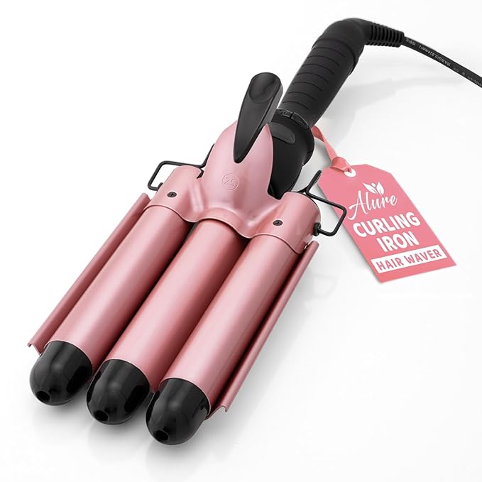 Alure Three Barrel Curling Iron Wand Hair Waver with LCD Temperature Display - 1 Inch Ceramic Tourmaline Triple Barrels, Dual Voltage Crimp (Rose Gold)