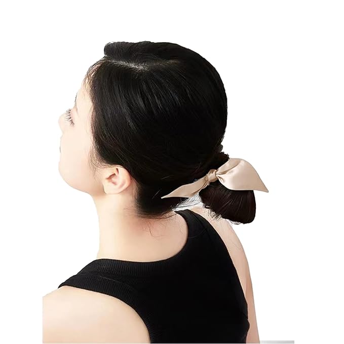 THXSILK Hair Silk Scrunchies with Bow for Women Pure Mulberry Silk Hair Cute Ring Ties Scrunchies for Girls Women's Thick Hair, Champagne, 2.8"