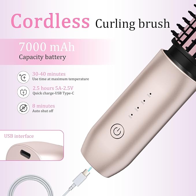 Cordless Hair Curling Iron Brush, Travel Curl Brush, 3-in-1 Portable Curling Iron Cordless, Plasma Thermal Hair Brush, 7000mAh USB Rechargeable Curlings Wand, Mini Hot Curlings Brush-Blush Pink