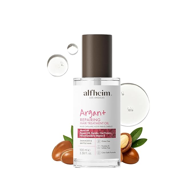 ALFHEIM Argan+ Repairing Hair Oil Serum for Dry, Damaged & Frizzy Hair with Argan Oil, Keratin, Panthenol & Vitamin E – Deep Nourishment, Smoothness & Shine – Non-Greasy, Sulfate Free – 3.38 oz