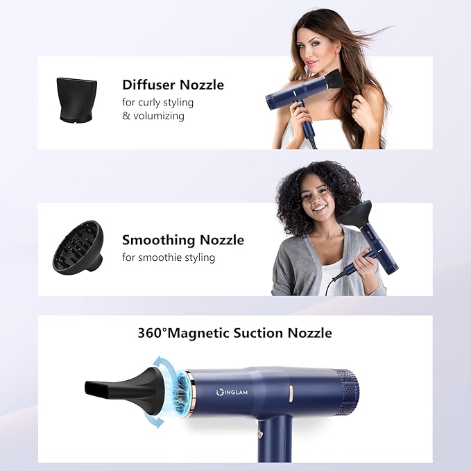 Hair Dryer, IG INGLAM 1875W Ionic Blow Dryer with Diffuser, 110, 000 RPM High-Speed Brushless Motor for Fast Drying, 3 Heat Settings & 3 Speed & Cold Settings, Low Noise