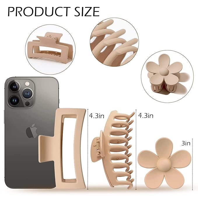 Large Hair Claw Clips 12 Pack, Flower Hair Clips for Thin Hair, Big Square Matte Strong hold for Thick Hair, 3 Styles Hair Clips for Women Thick Hair Neutral Colors