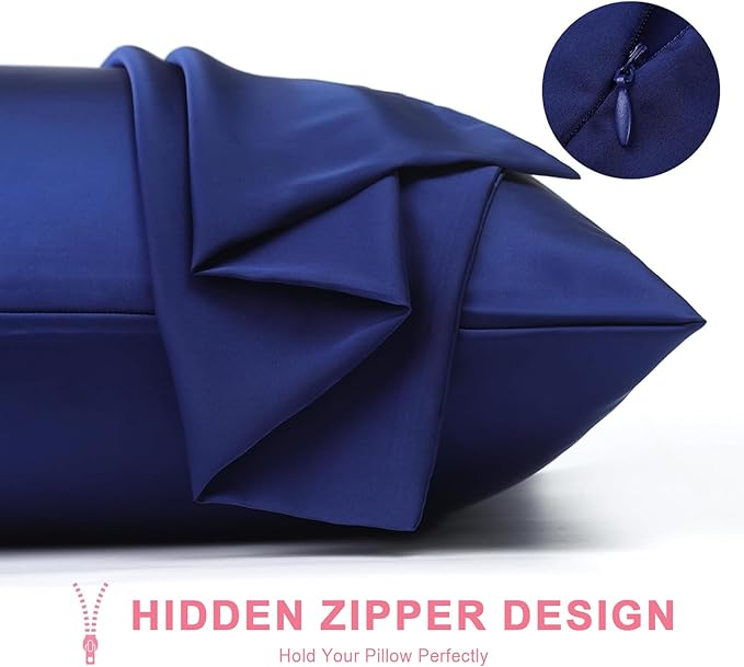 100% Silk Pillowcase 2 Pack for Hair and Skin, Both Sides 23 Momme Grade 6A+ Mulberry Silk Pillowcases with Hidden Zipper, Soft&Smooth Cooling Pillow Cases (Navy Blue, Standard 20×26)