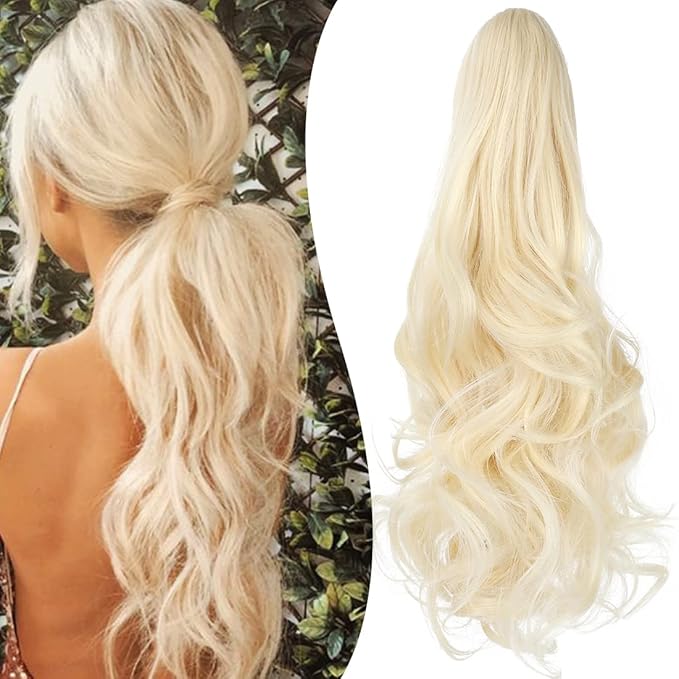 Claw Clip Ponytail Extension 18" Clip in Wavy Ponytail Hair Extensions Long Pony Tails for Women Extensions Bleach Blonde Wave Hairpiece