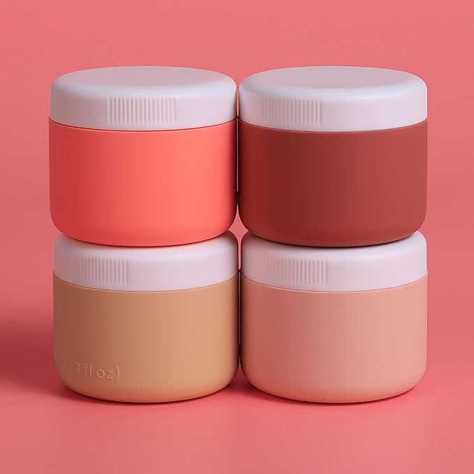 Travel Containers for Toiletries, Silicone Cream Jars BPA-Free, Leak-proof 3oz Travel Size Containers, Portable Size Silicone Jars with Lid for Cosmetic Face Hand Body Cream (4 Pack)