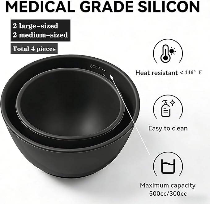 4Pcs Silicone Mixing Bowl DIY Hair Color Mixing Bowls for Home Salon Spa Face Skin Applicator Bowl, Black