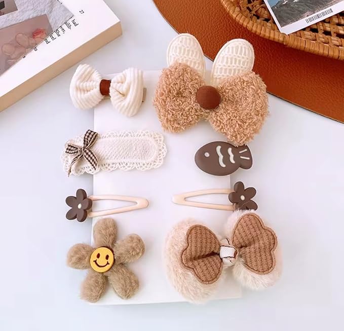 Hair Clips for Baby Girls-8 Pcs Beige Hair Accessories with Knitted Flower, Bow, Butterfly Designs-Soft Wool and Crochet Hairpins-Non-Slip Barrettes for Daily and Occasional Wear (Design 3-8pc Set)