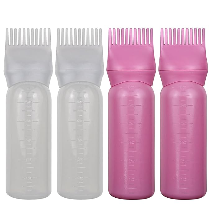 4 Pack Root Comb Applicator Bottle, Hair Oil Comb Applicator for Hair Dye, Shampoos, Salons (White+Pink)