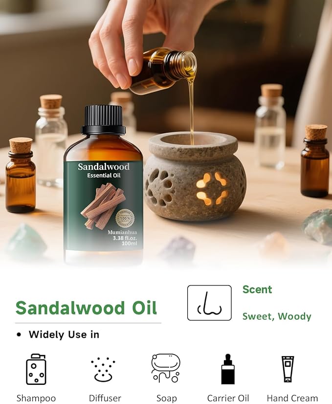 Pure Sandalwood Essential Oil for Bedtime Serenity, Evening Meditation & Pillow Mist, Natural Woody Aroma for Diffuser, Hair, Skin Care, Calming Blends, Massage, Candle, Soap Making 3.38 Fl Oz