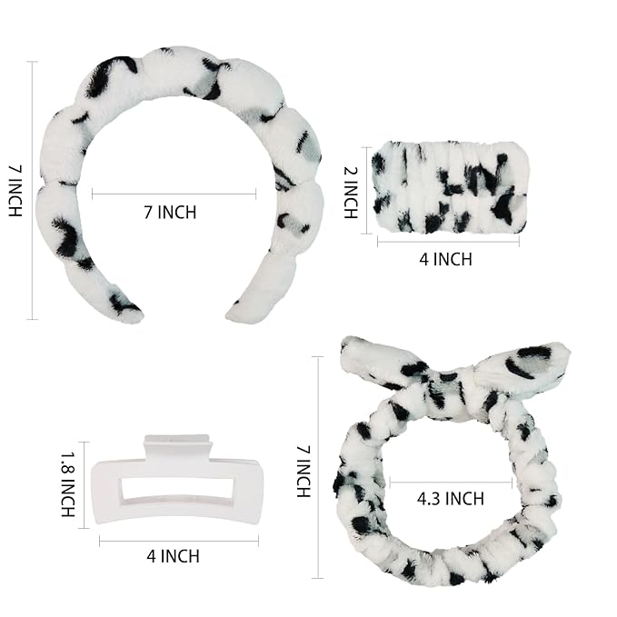 7 Pcs Spa Set, Facial Headband and Wristband Set, Skincare Accessories, College Style Girl Idea Gifts, Hair Accessories for Women and Girls（ Black White Leopard Print ）