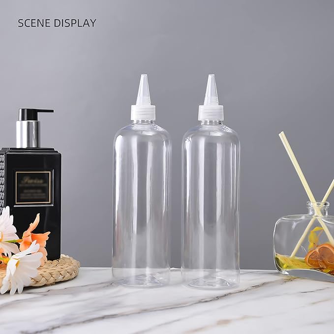 Hair Color Applicator, 16 Ounce Squeeze Bottle for Hair, PET Plastic Refillable With Clear Twist Top Cap - 2 Pack, Transparent
