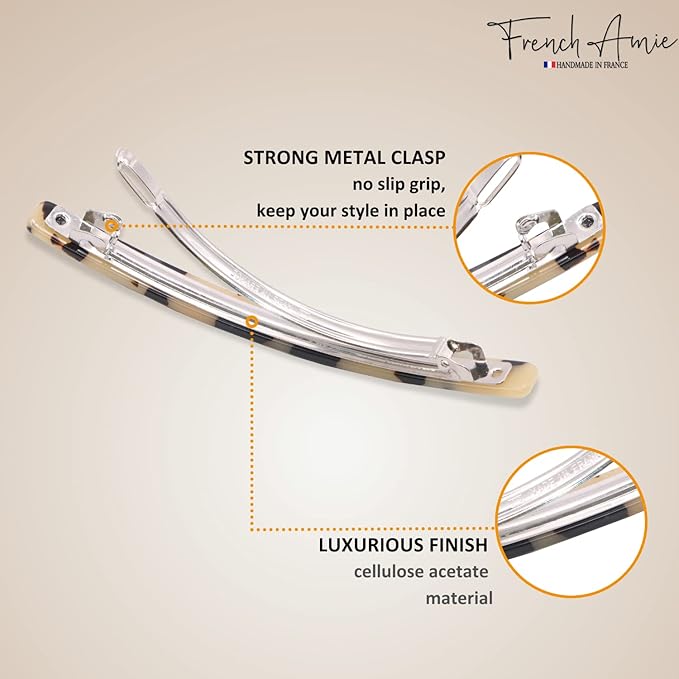 French Amie Long and Thin White Tokyo Large 4” Handmade Celluloid Automatic Hair Clip Barrette for Women and Girls (White Tokyo)