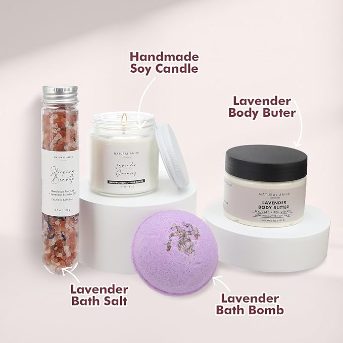 Natural Amor Lavender Spa Gift Set – 6 pcs Handmade Self-Care Kit with Body Butter, Bath Salt, Clay Mask, Candle, Jade Roller & Bear Headband – Relaxation Gift for Women