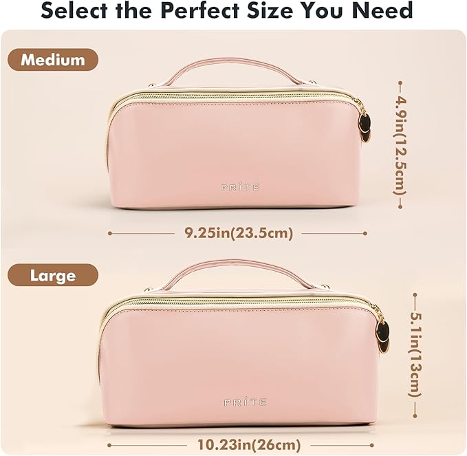 Prite Makeup Bag for Women Travel Waterproof Vegan Leather Cosmetic Bag Open Flat Toiletry Bag With Clear Divider and Handle (Large Pink)