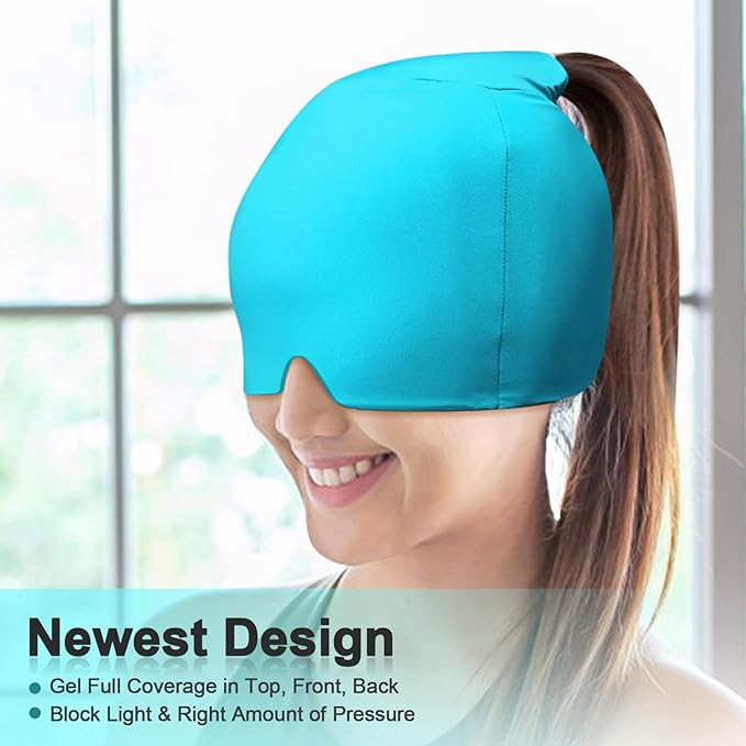 Migraine Relief Cap with Gel Top Coverage, Headache Relief Hat for Migraine Sinus Tension Stress Pain Relief, Migraine Ice Head Wrap Ice Gel Packs Hot Cold Therapy Headache Relief Cap