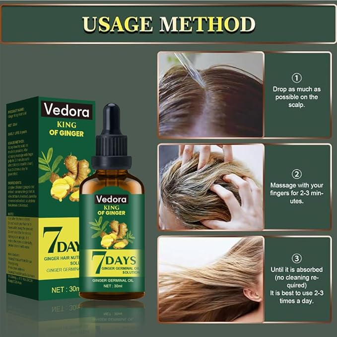 Vedora Ginger Oil for Hair Growth - Biotin Hair Growth Serum, 100% Pure Natural Ginger Essential Oil - Promotes Stronger, Thicker, Longer Hair in Women & Men - 2.0 Fl Oz / 60ML (2 PCS)