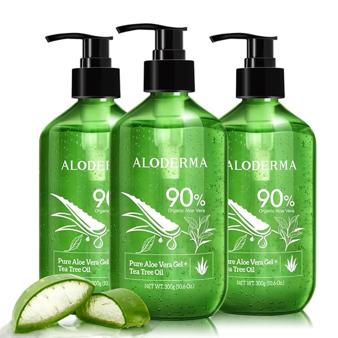 Aloderma Aloe Vera Gel + Tea Tree Oil, Made with Refreshing Organic Aloe for After Sun Skin Care, Multipurpose Use for Hair and Scalp, and Face or as a Shaving Gel or Aftershave - 10.6Oz x 3btls