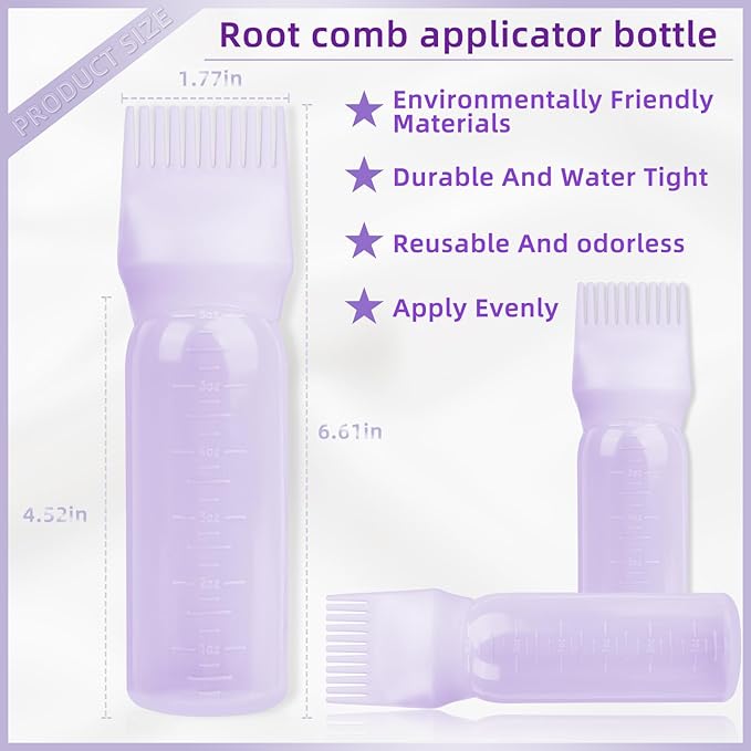 BLAAROOM Root Comb Applicator Bottle 6 Ounce, 4 Pack - Hair Oil Applicator with Root Comb Brush for Scalp Hair Oiling - Purple