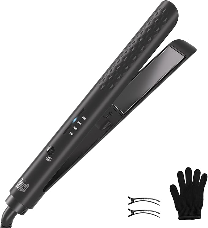 Quico Hair Straightener, 110-240V Global Travel Hair Straighteners for women, 15s Fast Heating, Professional Negative Ion Flat Iron, Temp Memory, 320℉-450℉, Auto-Off, with Glove and Clips, Gift, Black