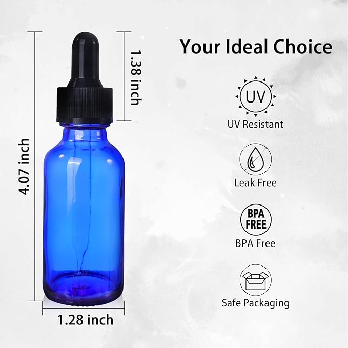 48 Pack 1oz Cobalt Blue Glass Bottles with Glass Eye Droppers for Essential Oils, Perfumes & Lab Chemicals (Brush, Funnels, 2 Extra Droppers, 54 Pieces Labels & 30ml Measuring Cup Included)