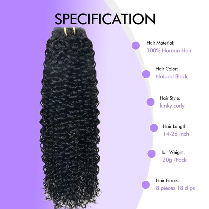 Seamless 3C 4A Kinky Curly Clip In Extension PU Weft Curly Clip in Extension Human Hair Clip Ins Full Head for Black Women Brazilian Remy Human Hair Natural Color 8Pcs with18clips 120g/Set (20 inch)