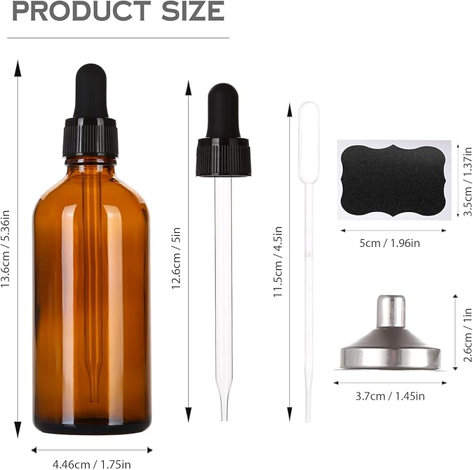 3.4 oz Amber Glass Dropper Bottles,4 Pack 100ml Empty Reusable Leak Proof Thick Tincture Bottles for Essential Oils,Hair Oil,Liquids,Laboratory,Pharmacist Bottle,Massage,Perfumery Aromatherapy