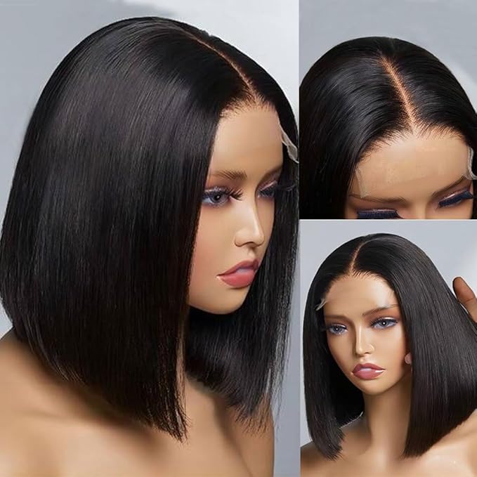 Wear and Go Glueless Bob Wigs Human Hair Pre Plucked Natural Hairline Straight Short Bob Wig 180 Density 4x4 HD Lace Closure Wig Human Hair for Women Brazilian Virgin Hair Natural Black 8 Inch