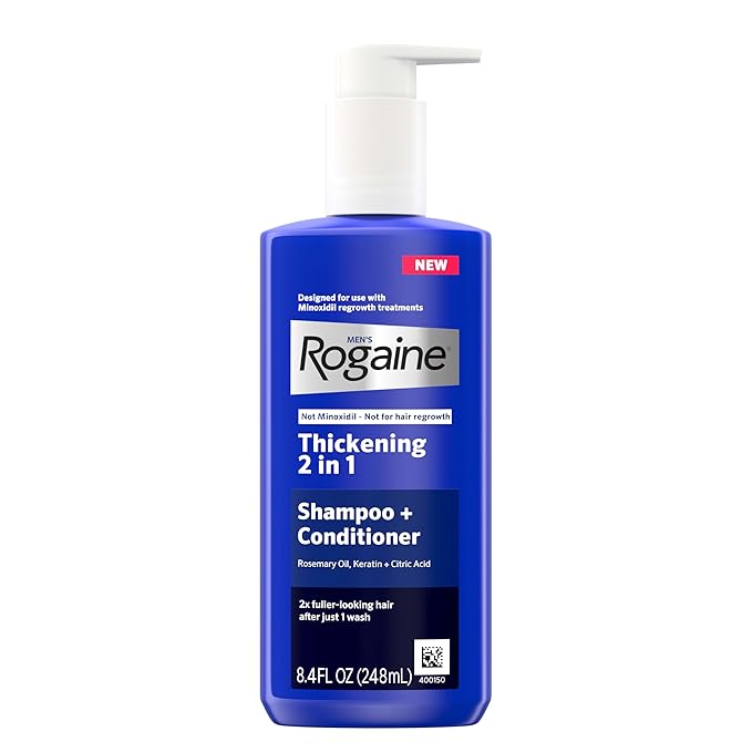Rogaine Men's Thickening 2 in 1 Shampoo + Conditioner, Hair Thickening Shampoo & Conditioner with Rosemary Oil, Keratin & Citric Acid Leaves Hair Visibly Thicker, Not Minoxidil, 8.4 fl. oz