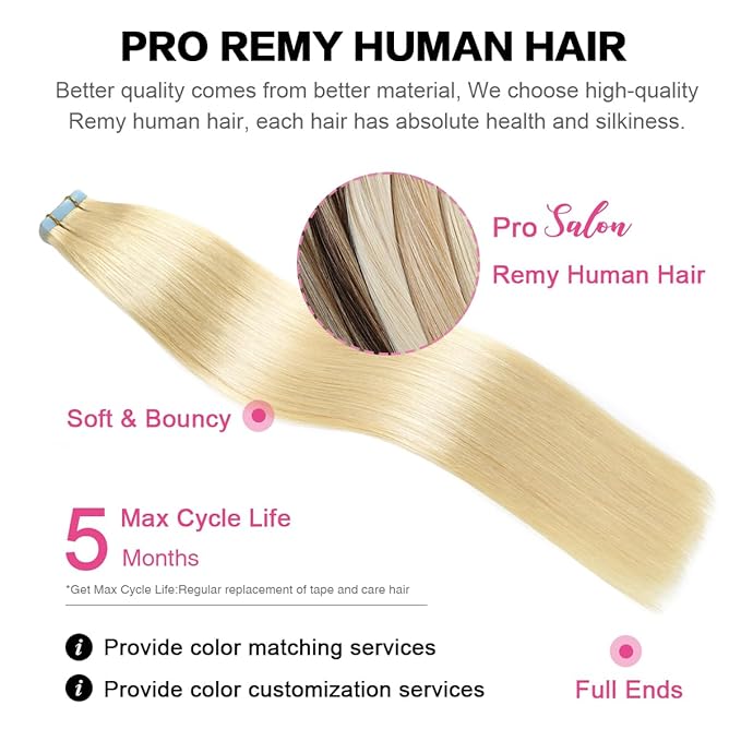 SUYYA Tape in Hair Extensions Bleach Blonde 100% Real Human Hair 20 inches 20pcs 50g/pack Straight Seamless Skin Weft Tape in Human Hair Extensions Blonde(20 inches #613 Bleach Blonde)