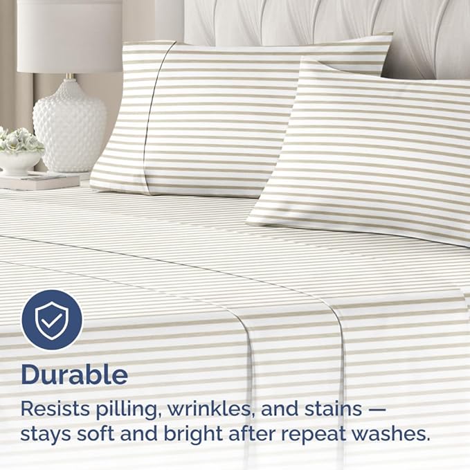 Queen Pillow Cases Set of 4 - Ultra Soft Hotel Quality Pillowcase Covers - Comfy, Cozy & Wrinkle Free - Shrinkage & Fade Resistant - Machine Washable Pillow Protectors - 4 Piece Set - Beige Stripes 2