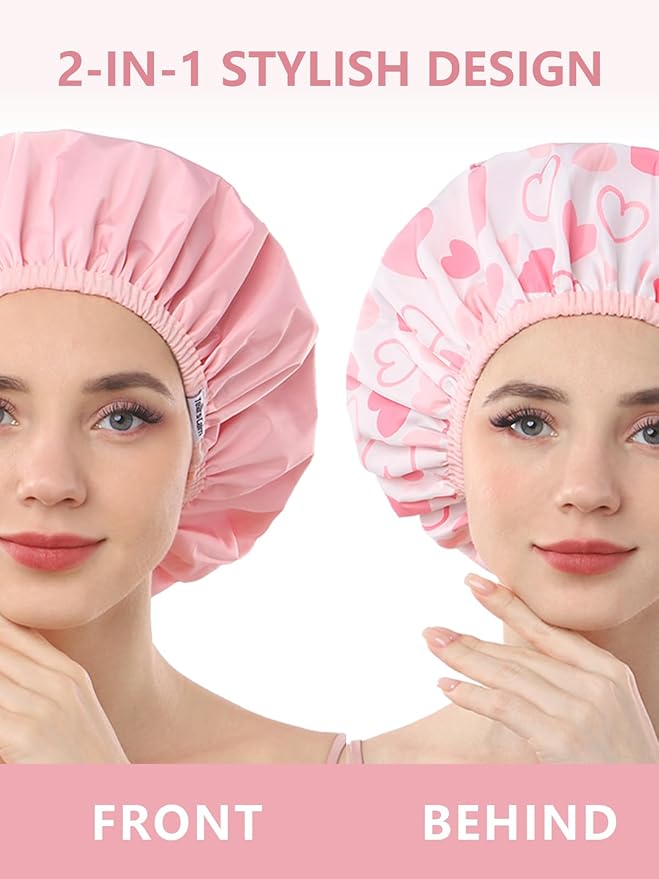 Years Calm Shower Caps For Women Reusable Waterproof，Pattern And Solid Color Dual-Layer Design For Dual-Layer Usable，Protects Hair In Shower, Spa, Cooking, Clean & Travel (Pink, One Size)