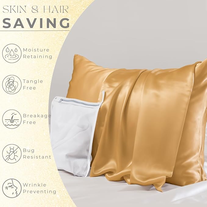 PROMEED 23 Momme Mulberry Silk Pillowcase for Hair and Skin - Both Sides Premium Natural Silk Pillow Case, Grade 6A+ Soft Cooling Pillow Cases, 1pc (King 20"x36", Gold)