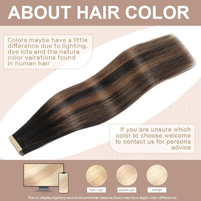 Human Hair Tape in Extensions Natural Black Mixed Chestnut Brown 20 Inch Invisible Tape in Hair Extensions Human Hair for Women Hair Extensions Real Human Hair Tape in