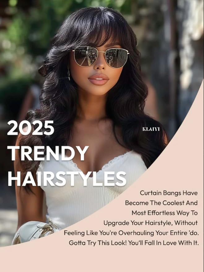KLAIYI Fluffy Body Wave Curtain Bang Wig Bye Bye Knots Glueless Pre Cut 7x5 Lace Front Wigs Human Hair Loose Wave Pre Bleached Pre Plucked Pre Everything 3S Easy to Wear and Go Wig 180% Density 18Inch